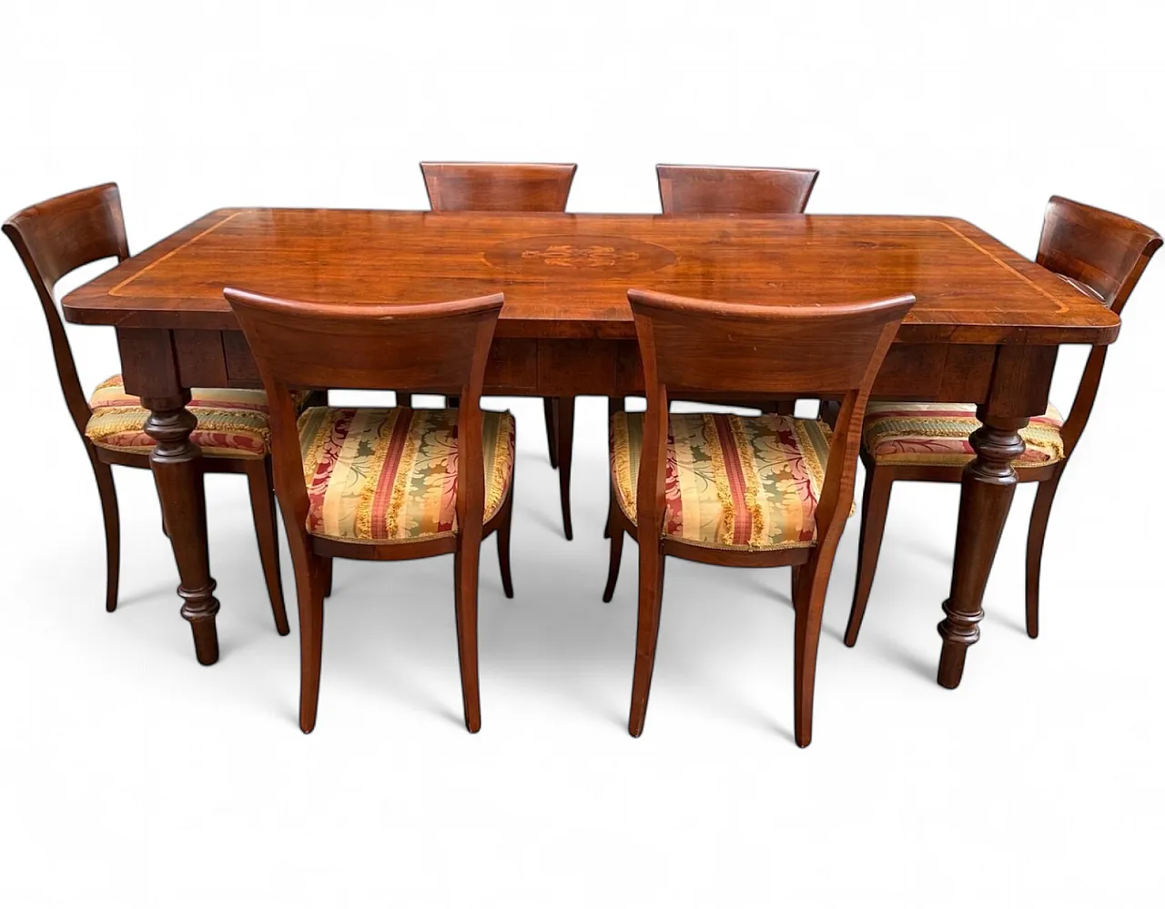 Inlaid wooden dining table with 6 chairs, 1950s 10