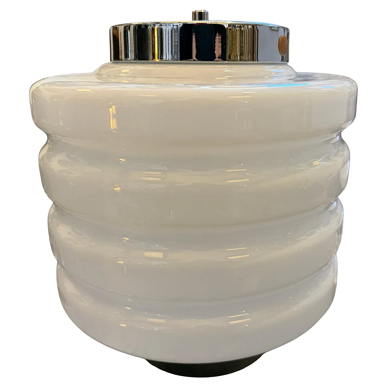 Space Age chromed metal and white glass round table lamp, 1990s 1