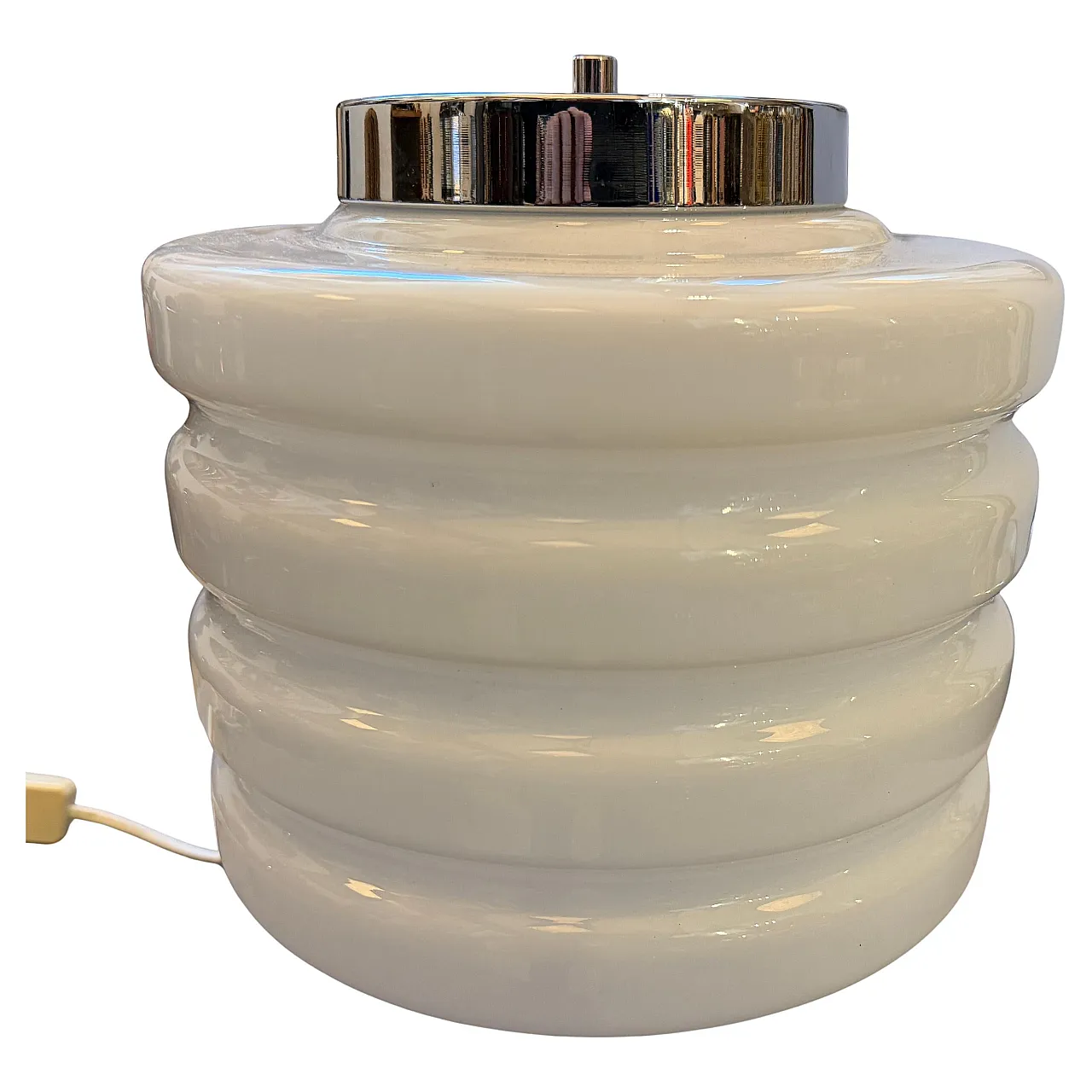 Space Age chromed metal and white glass round table lamp, 1990s 2