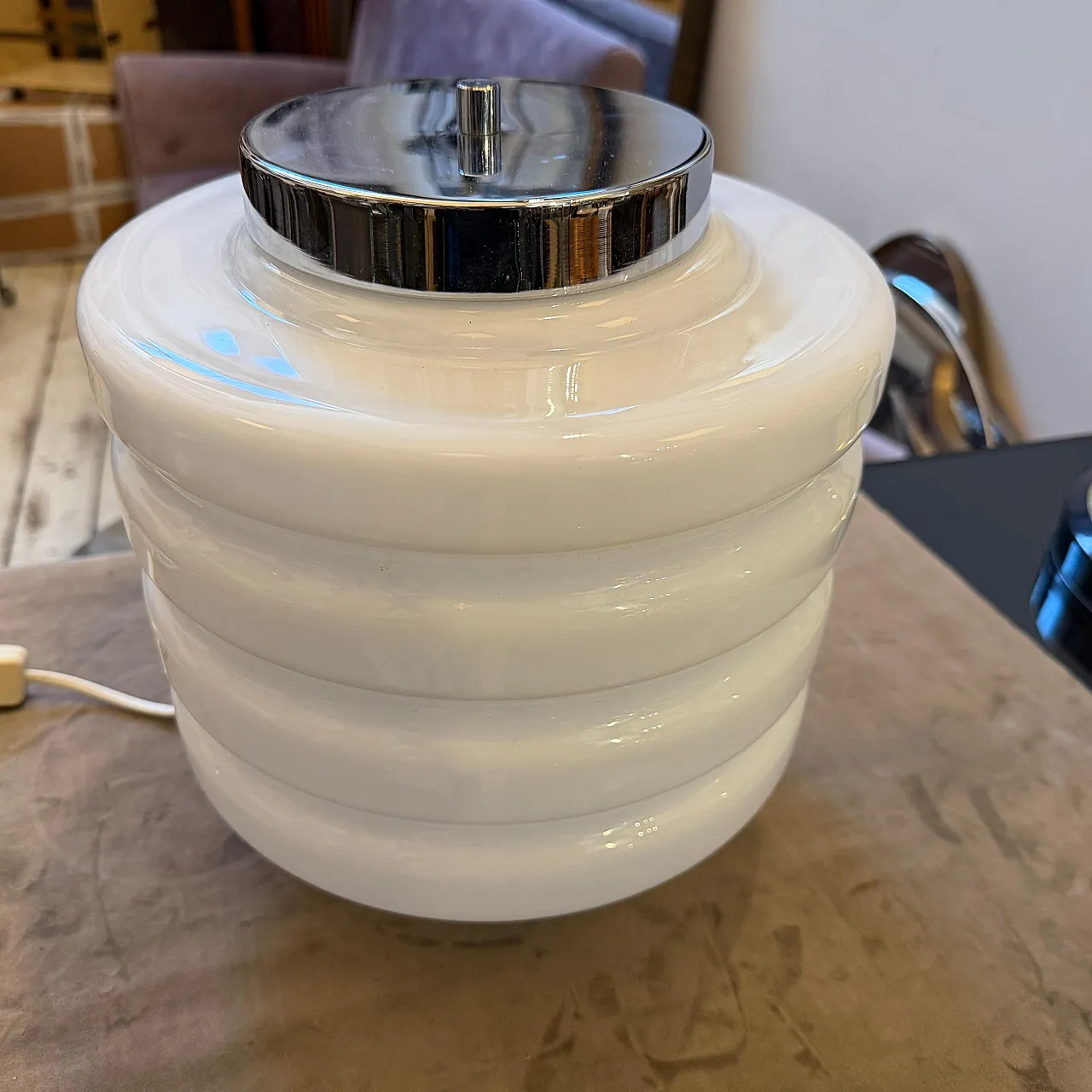 Space Age chromed metal and white glass round table lamp, 1990s 3