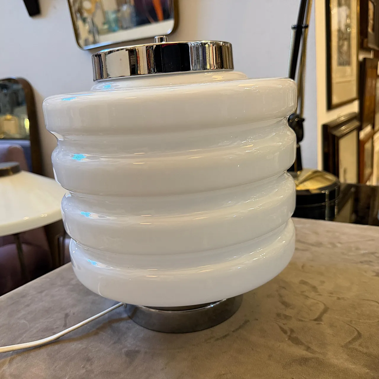 Space Age chromed metal and white glass round table lamp, 1990s 4