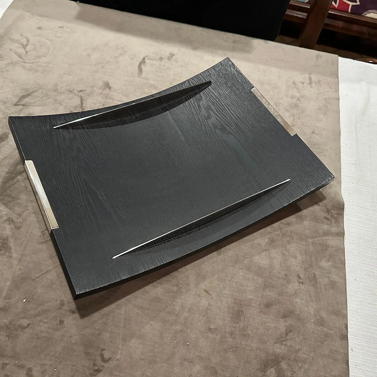 Curved ebonized wood and sterling silver serving tray by Silvan, 1990s 5