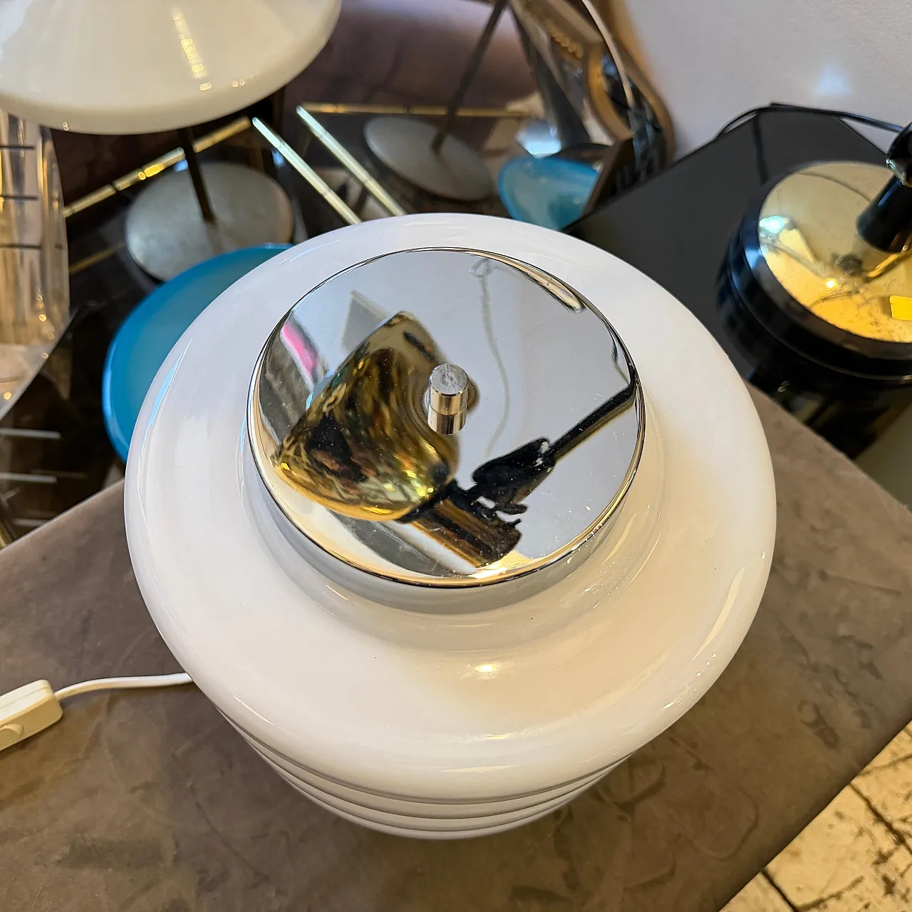 Space Age chromed metal and white glass round table lamp, 1990s 5