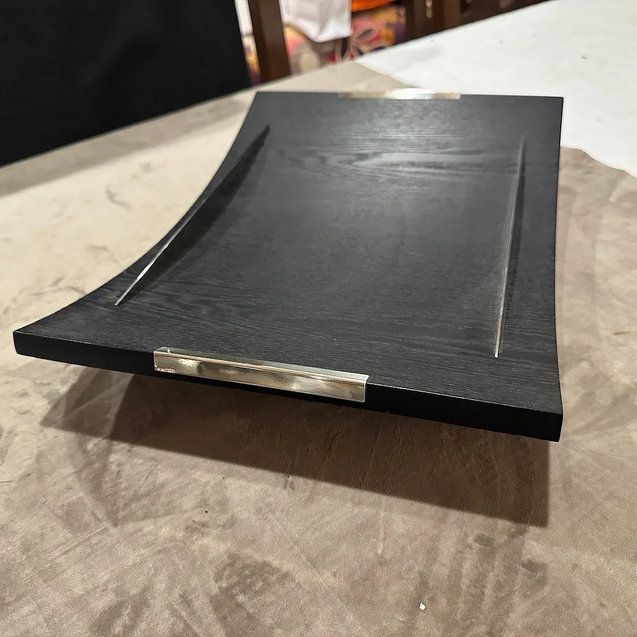 Curved ebonized wood and sterling silver serving tray by Silvan, 1990s 7