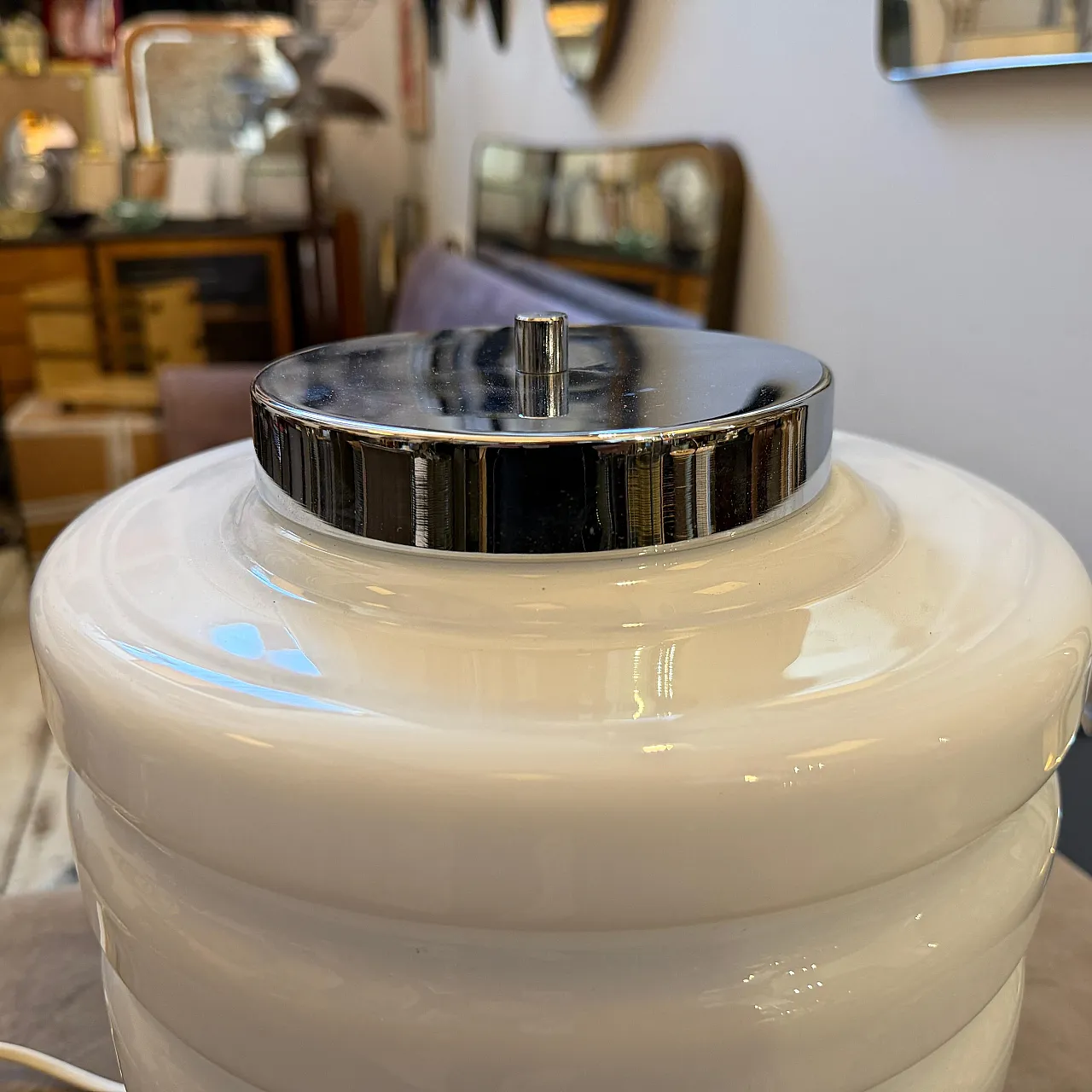 Space Age chromed metal and white glass round table lamp, 1990s 8