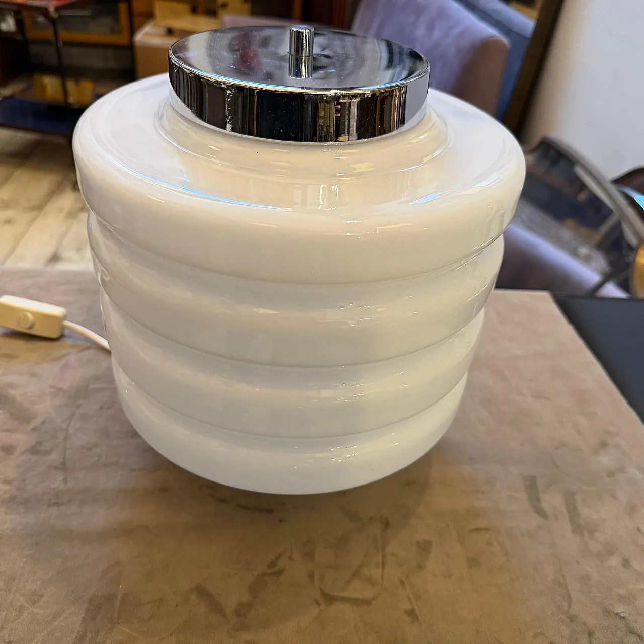 Space Age chromed metal and white glass round table lamp, 1990s 9