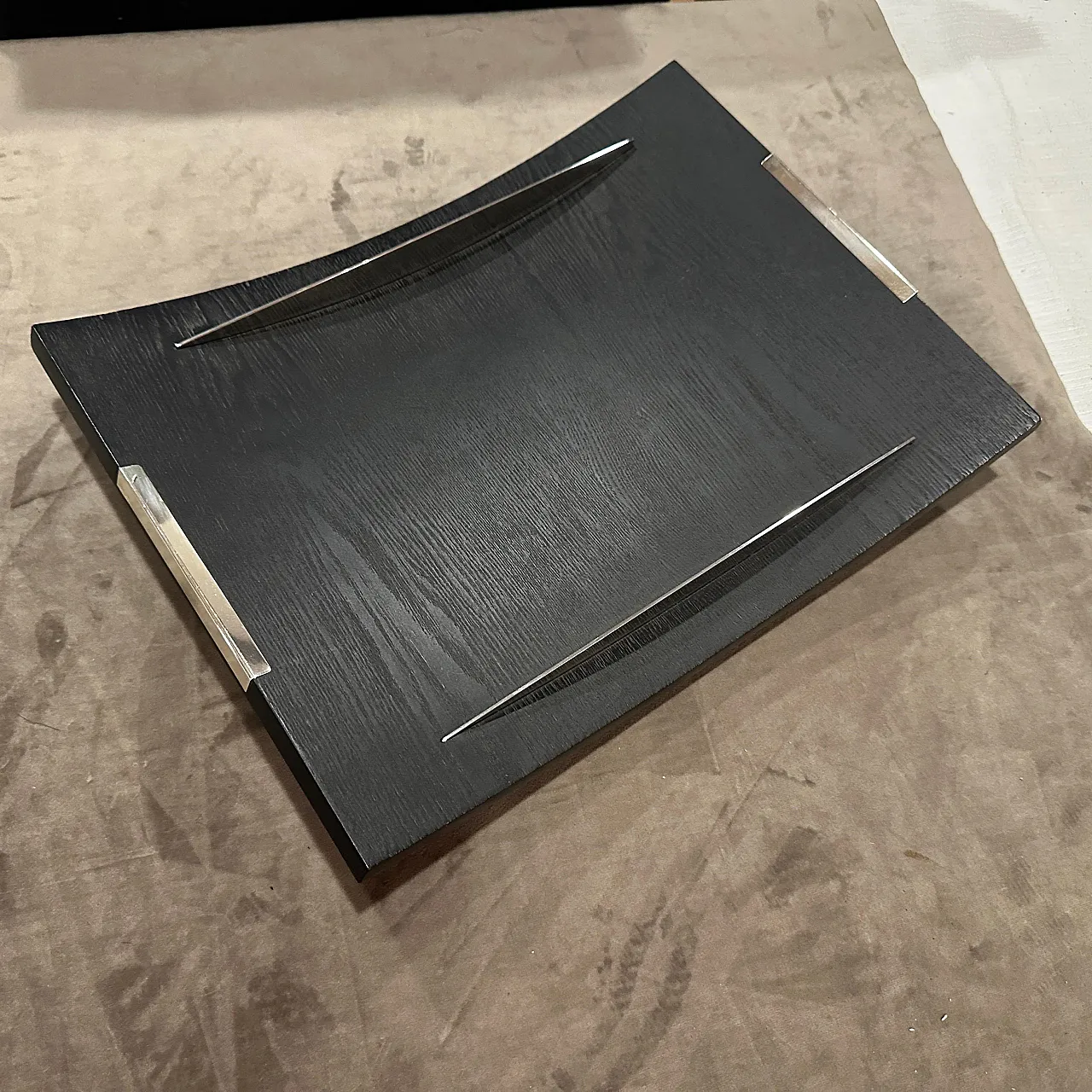 Curved ebonized wood and sterling silver serving tray by Silvan, 1990s 12