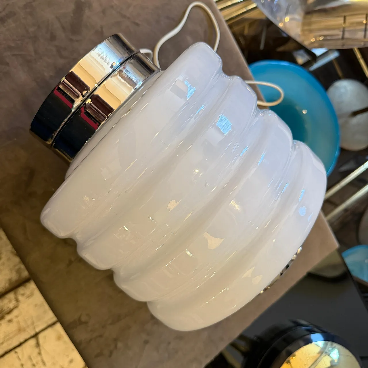 Space Age chromed metal and white glass round table lamp, 1990s 10