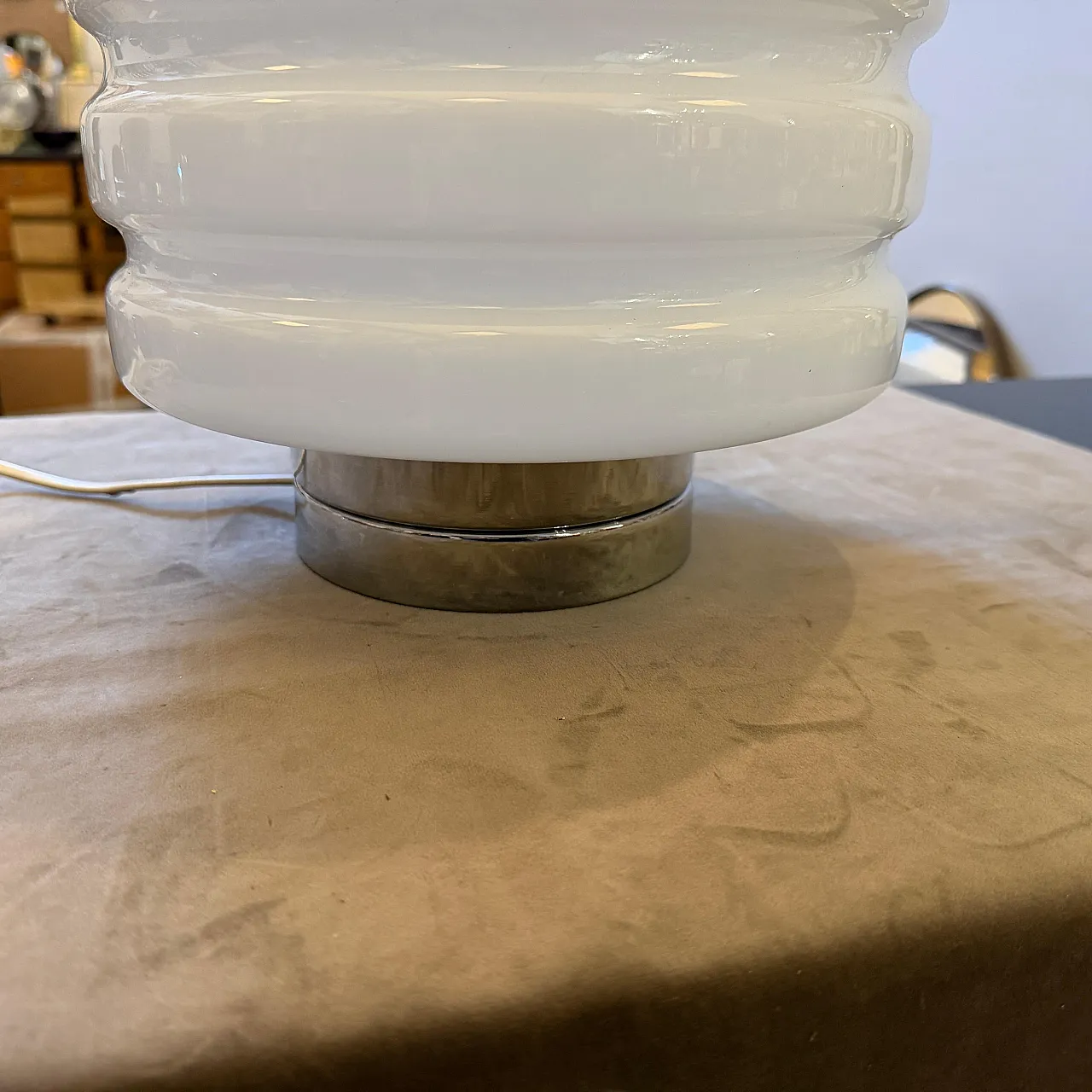 Space Age chromed metal and white glass round table lamp, 1990s 11
