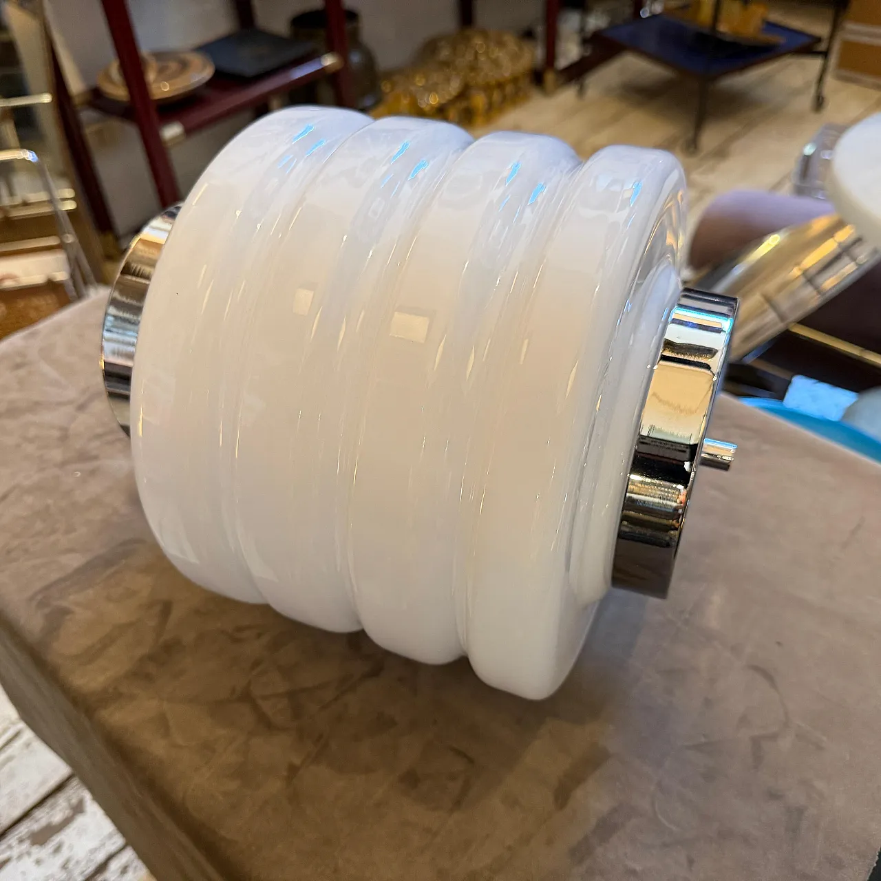 Space Age chromed metal and white glass round table lamp, 1990s 12