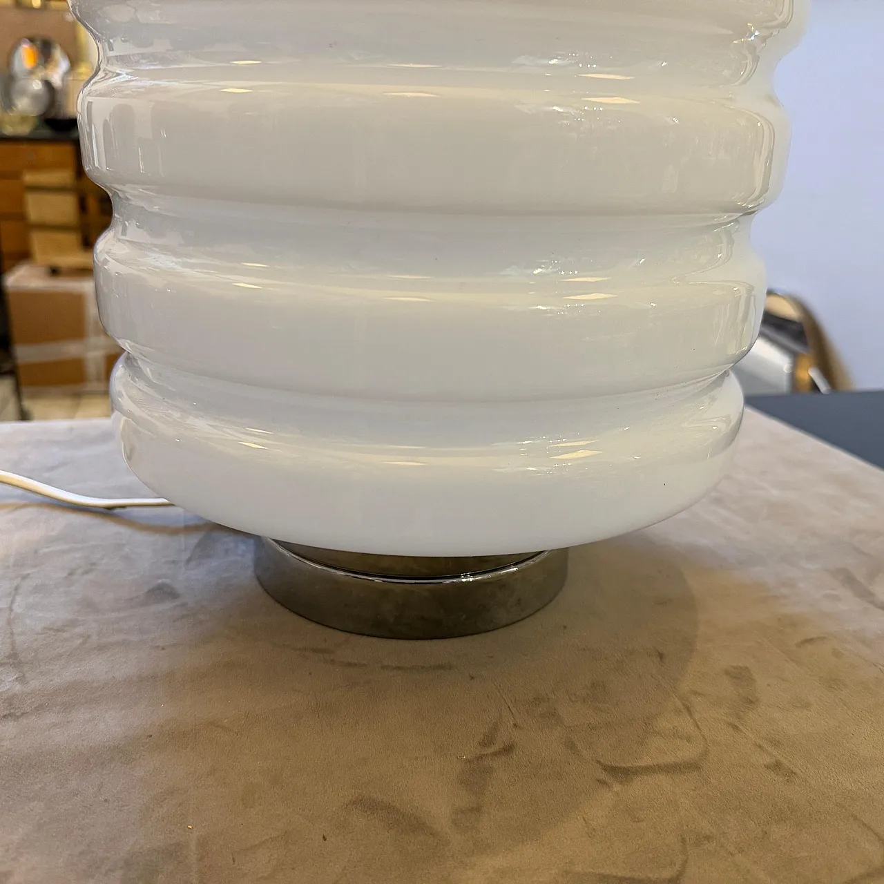 Space Age chromed metal and white glass round table lamp, 1990s 13