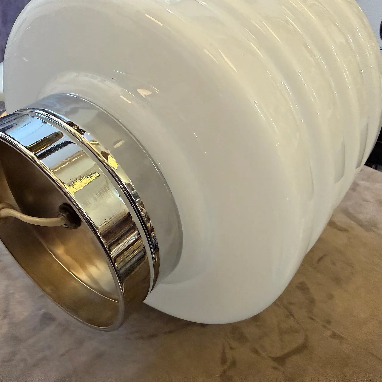 Space Age chromed metal and white glass round table lamp, 1990s 14