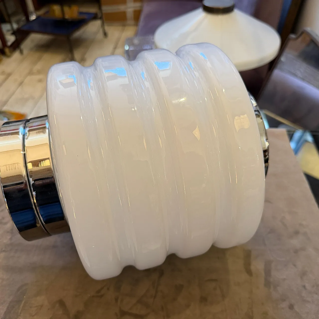 Space Age chromed metal and white glass round table lamp, 1990s 15