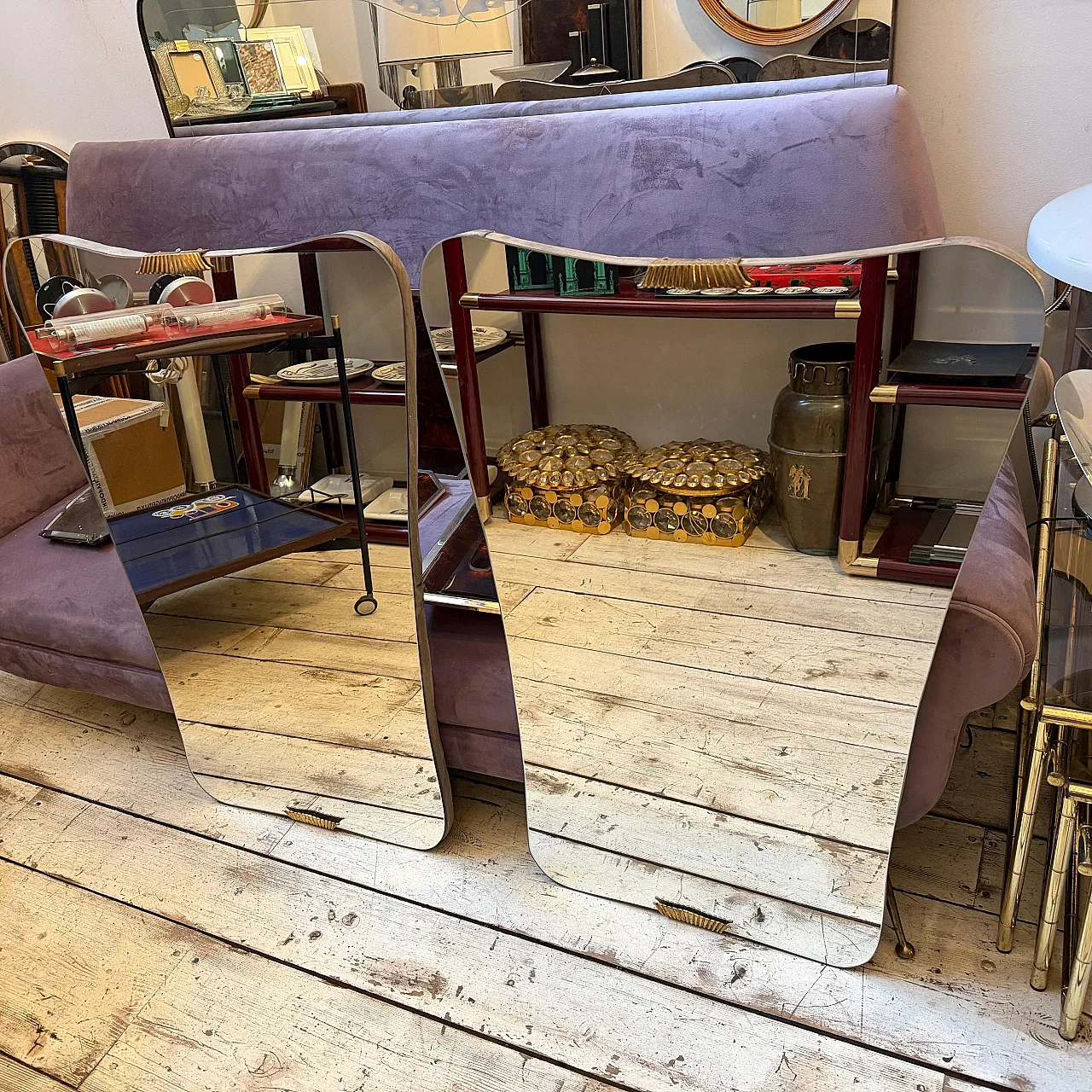 Coppia di specchi da parete in legno e ottone di Gio Ponti, anni '50 19