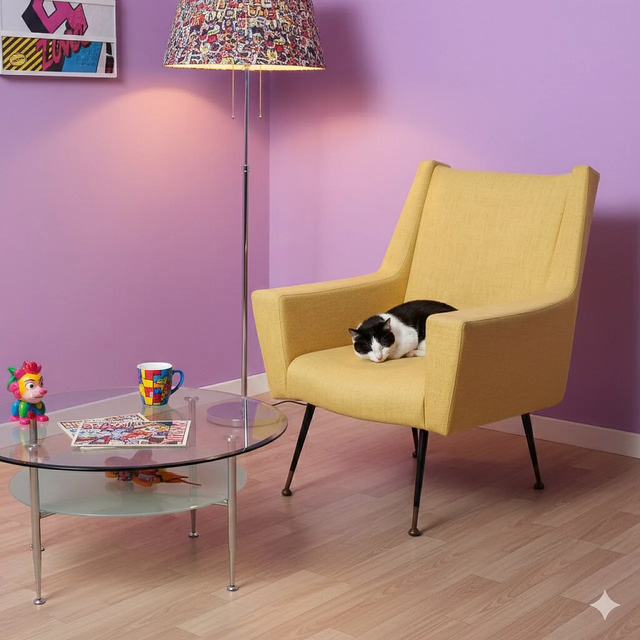 Poltrona con imbottitura in espanso, tessuto, metallo e ottone, '900 2