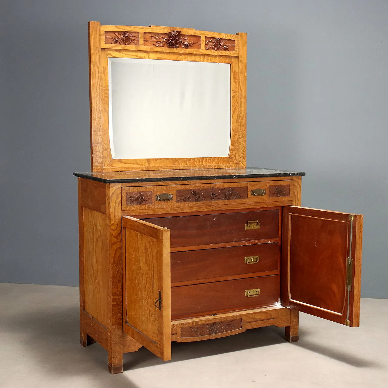 Cassettiera in rovere stile liberty in mogano e abete, primo '900 4