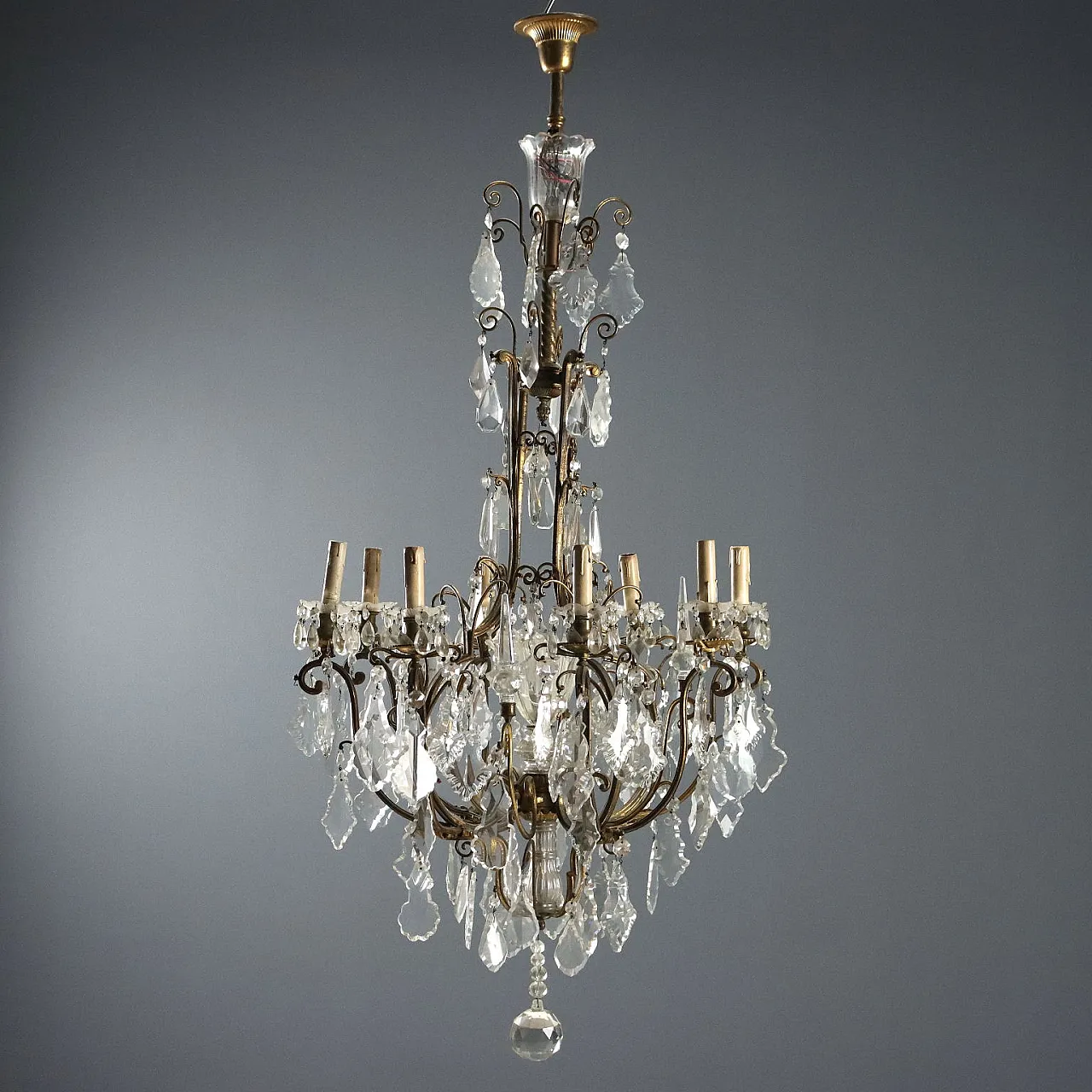 Lampadario in metallo dorato e vetro trasparente, fine '800 1