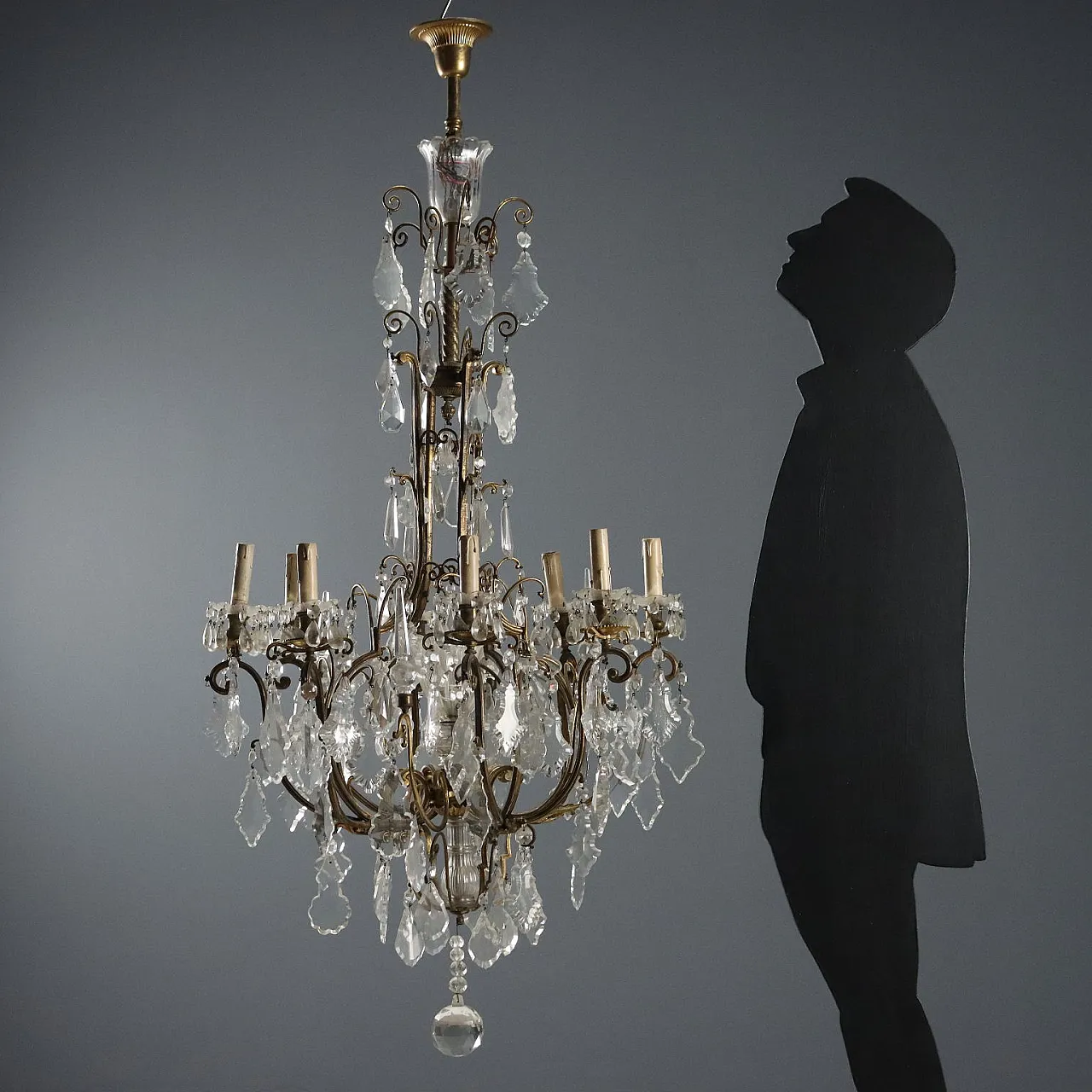 Lampadario in metallo dorato e vetro trasparente, fine '800 2