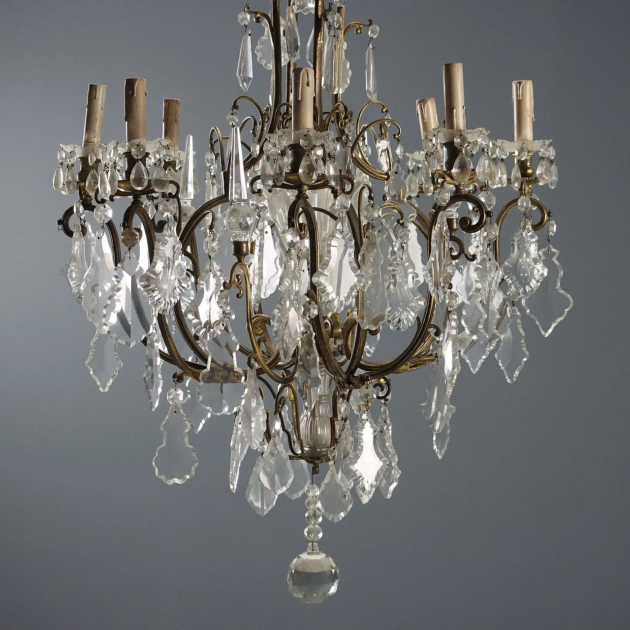 Lampadario in metallo dorato e vetro trasparente, fine '800 3