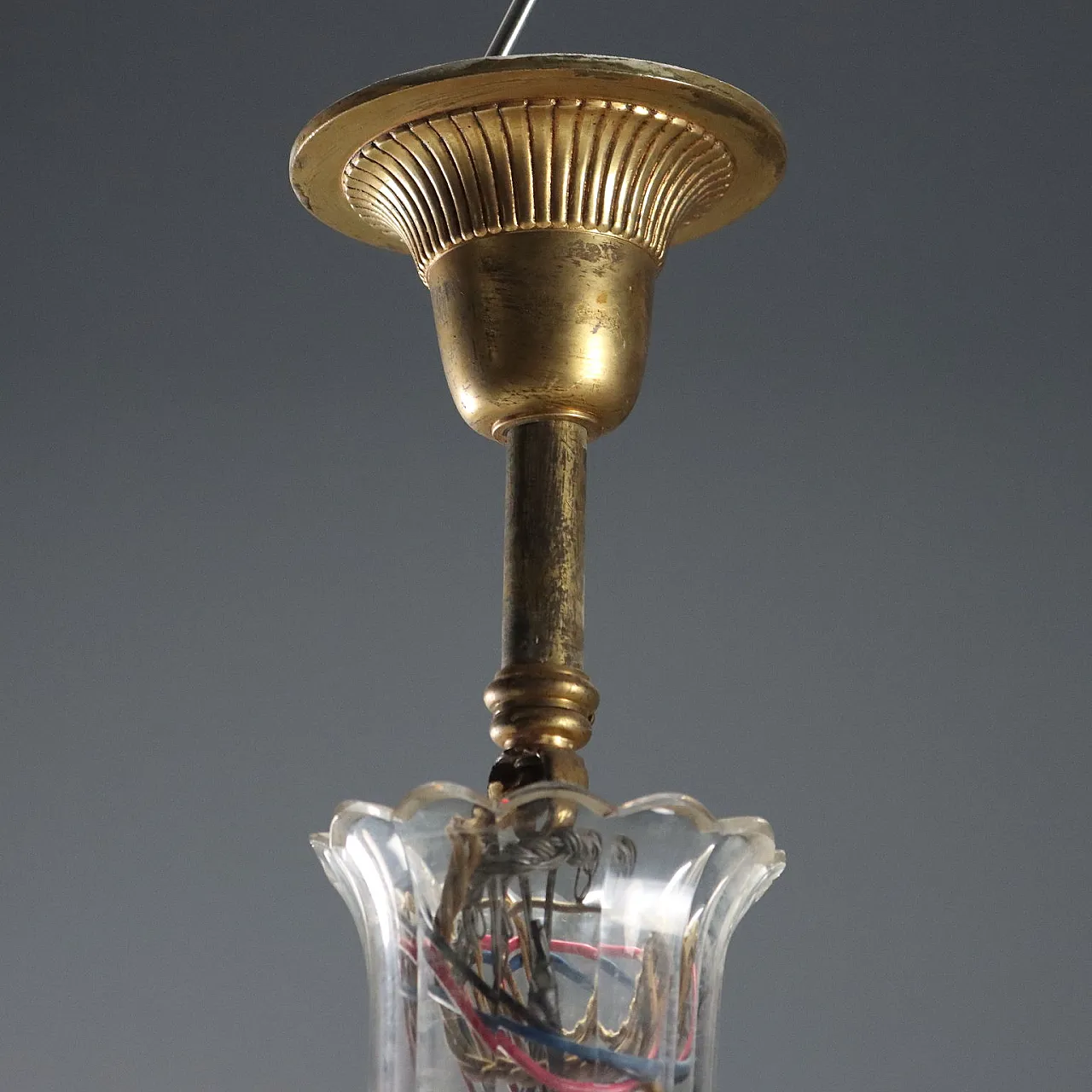 Lampadario in metallo dorato e vetro trasparente, fine '800 4