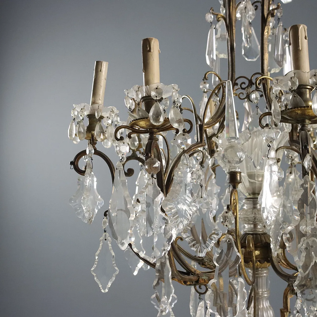 Lampadario in metallo dorato e vetro trasparente, fine '800 6