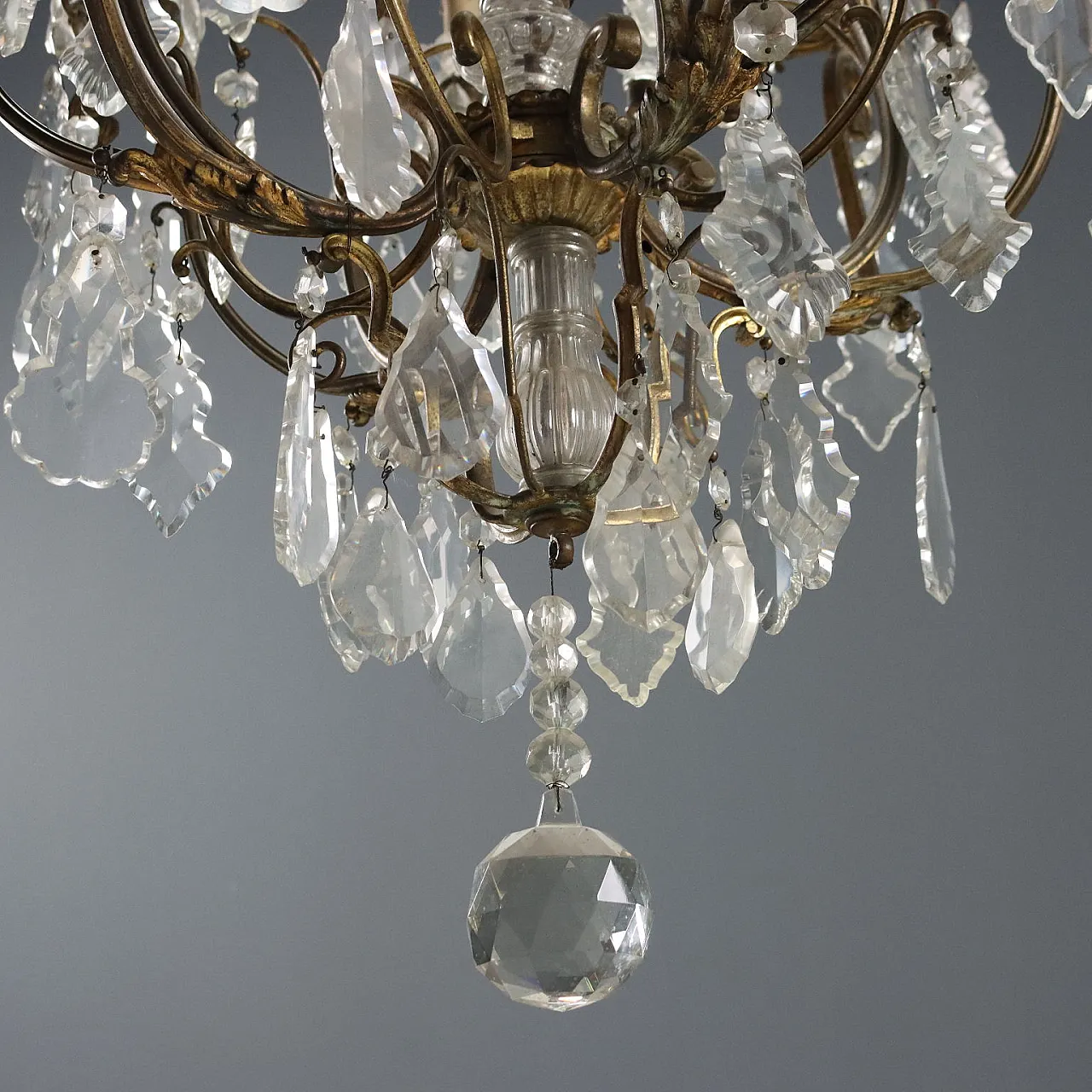 Lampadario in metallo dorato e vetro trasparente, fine '800 9