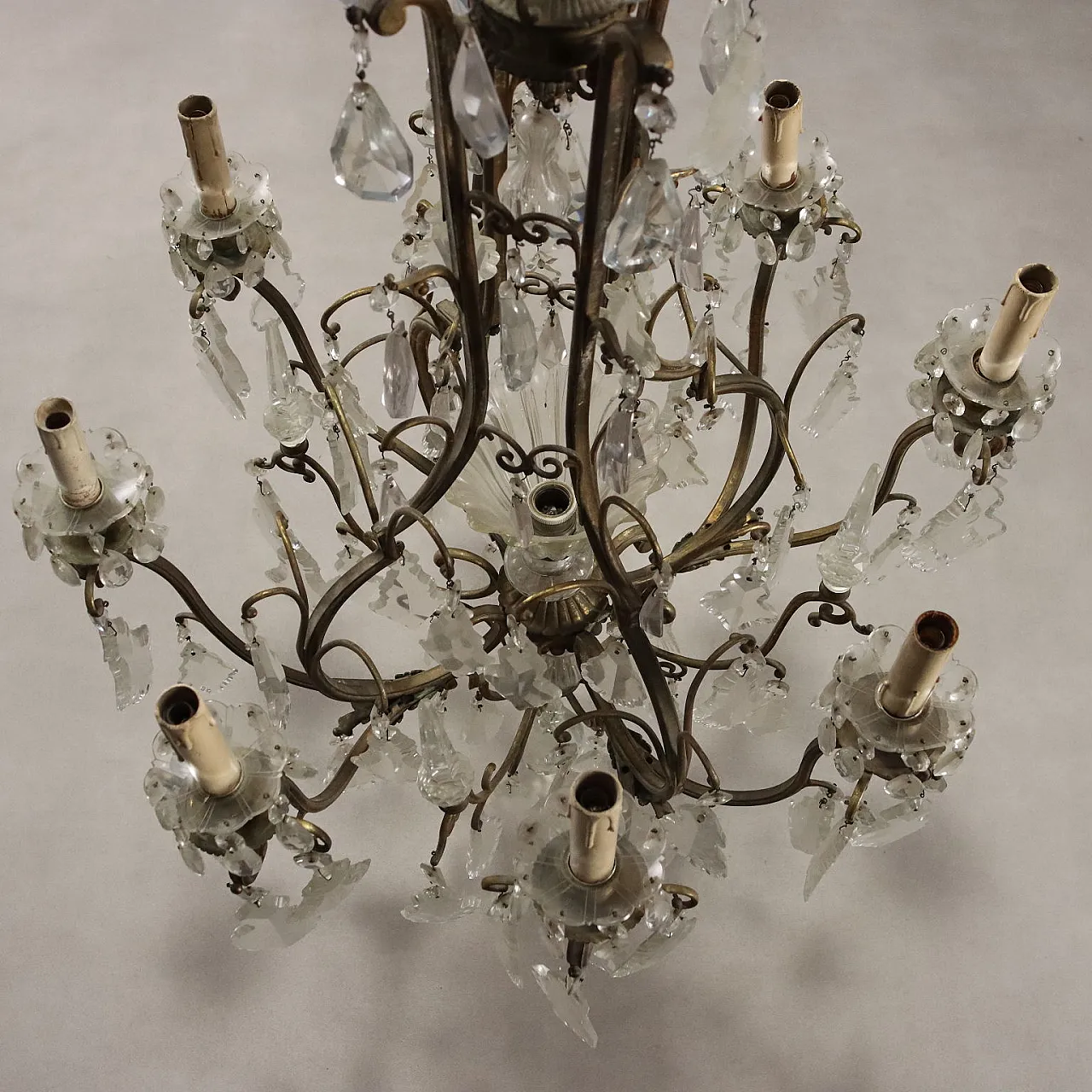 Lampadario in metallo dorato e vetro trasparente, fine '800 10