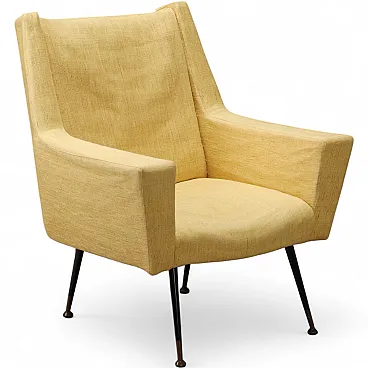 Poltrona con imbottitura in espanso, tessuto, metallo e ottone, '900