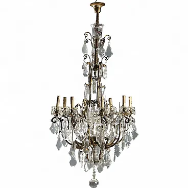 Lampadario in metallo dorato e vetro trasparente, fine '800