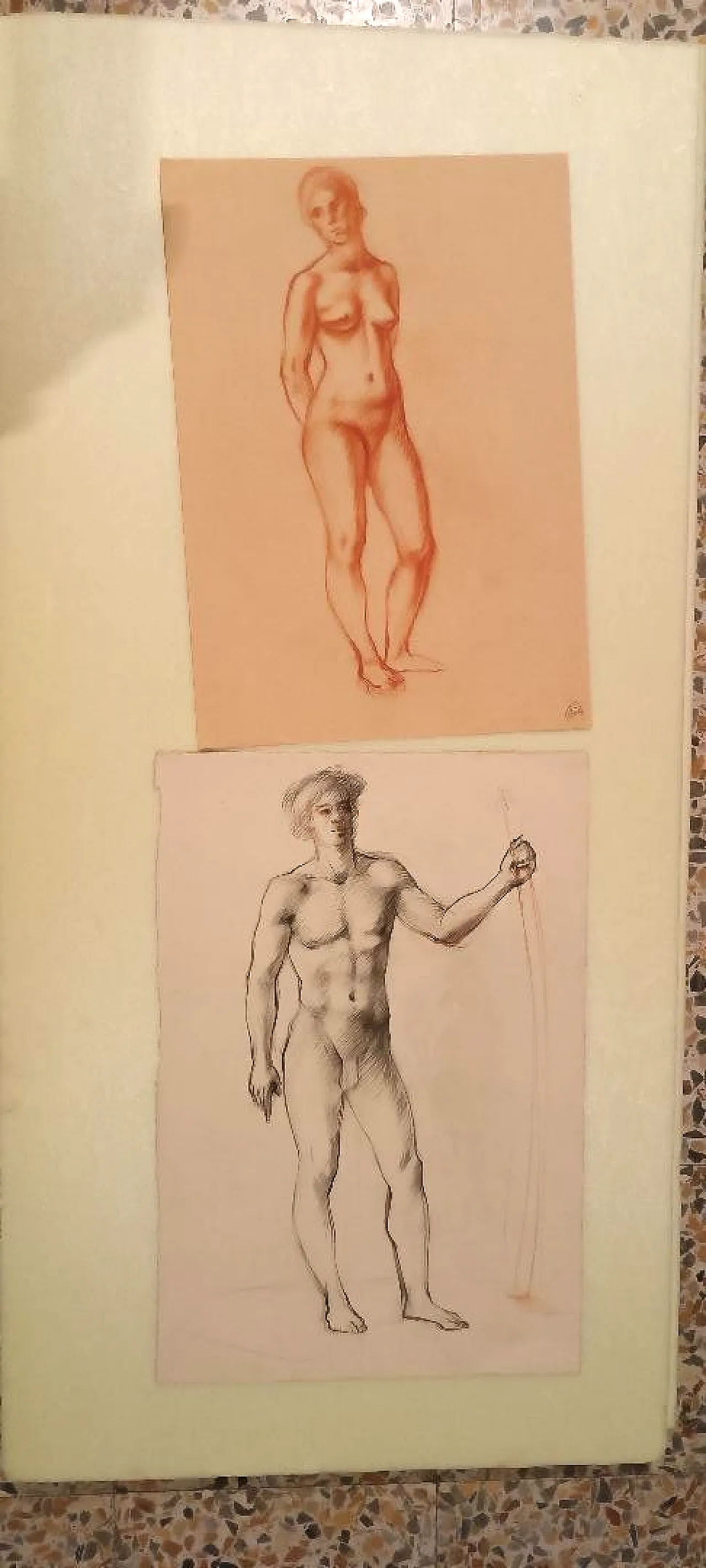 Nudi maschile e femminile, disegni a matita, metà '900 2