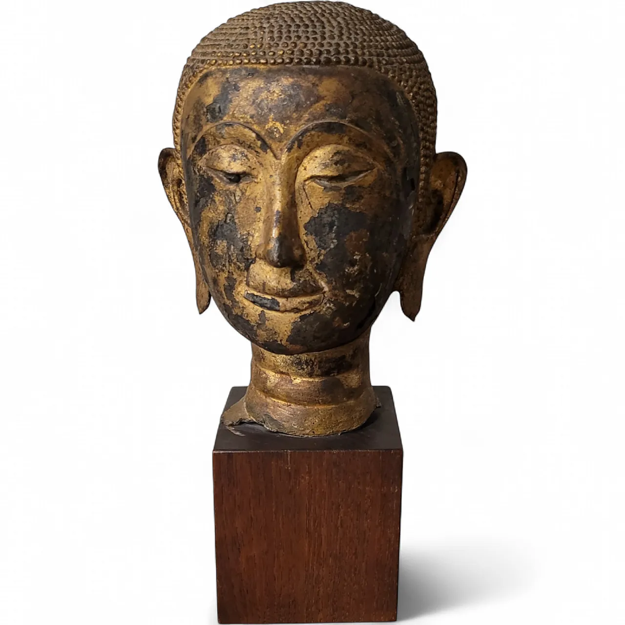 Buddha head gilt bronze sculpture on wooden base, 19th century 8