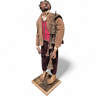 Zampognaro nativity scene statue in terracotta, glass and fabric