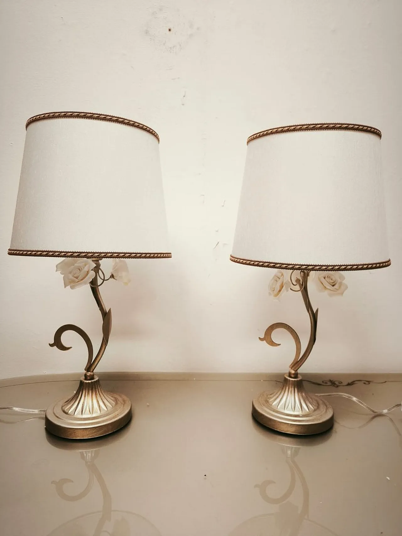 Pair of lamps with ceramic roses and fabric lampshades, 1980s 1