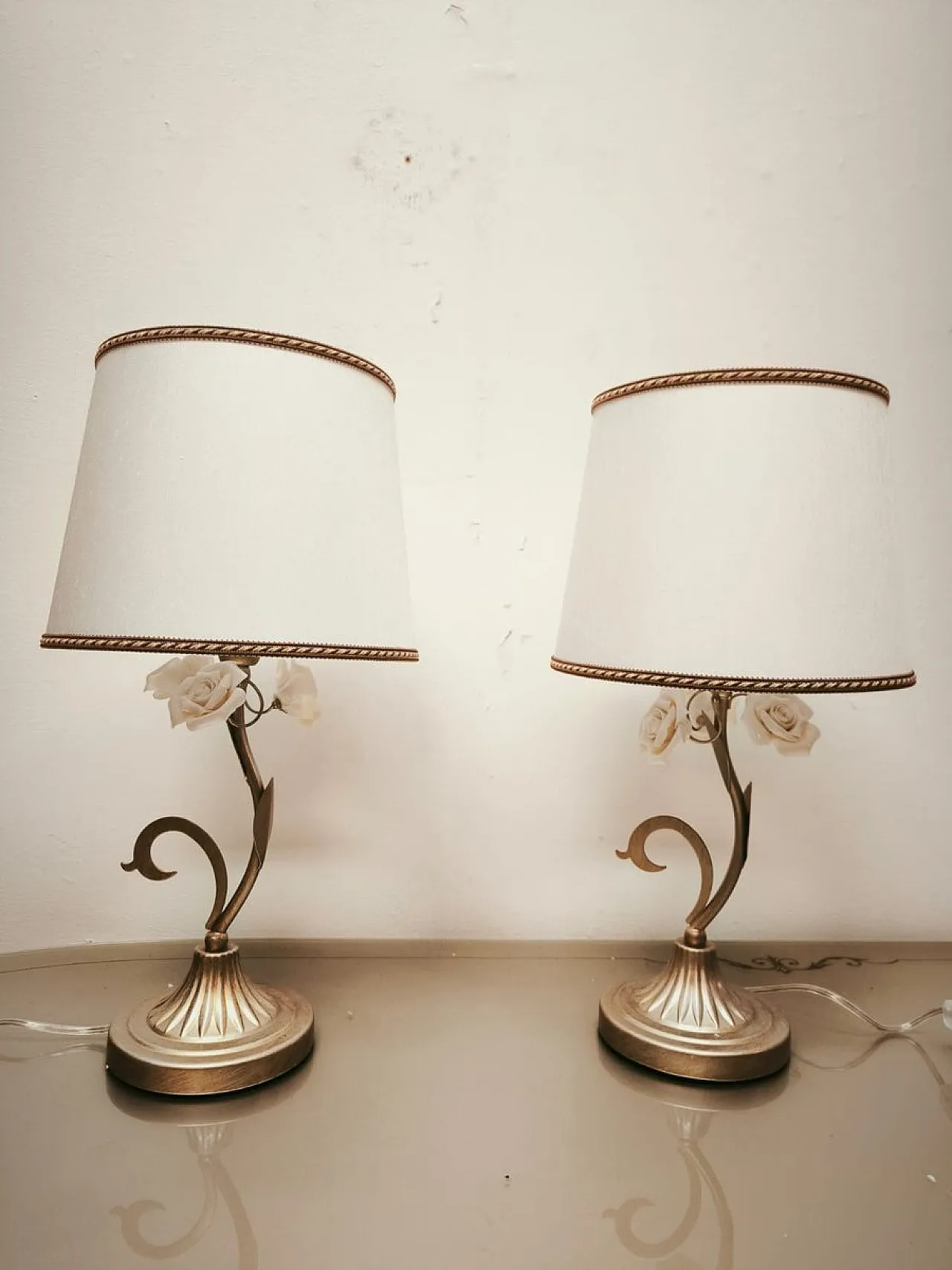 Pair of lamps with ceramic roses and fabric lampshades, 1980s 3