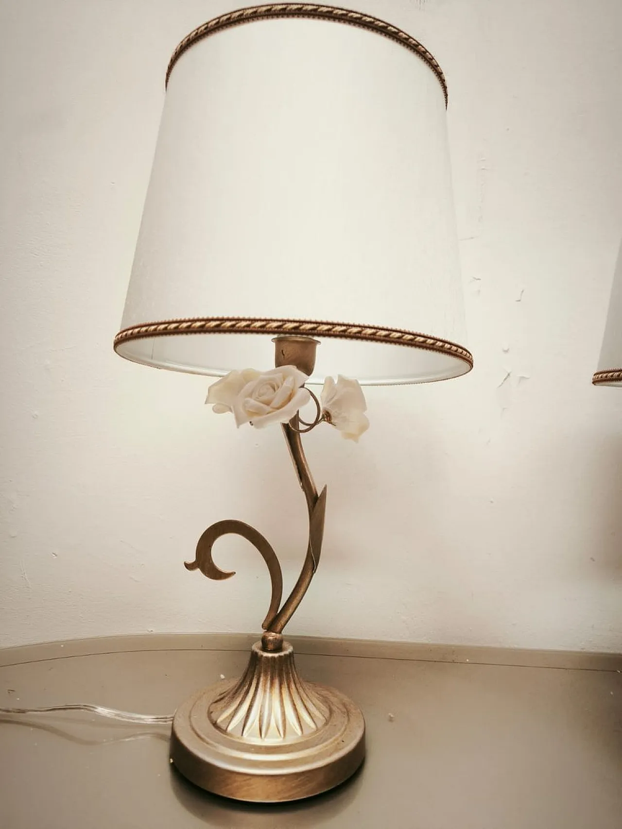 Pair of lamps with ceramic roses and fabric lampshades, 1980s 4