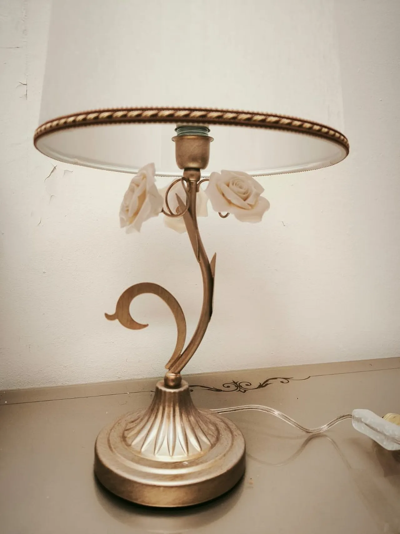 Pair of lamps with ceramic roses and fabric lampshades, 1980s 5