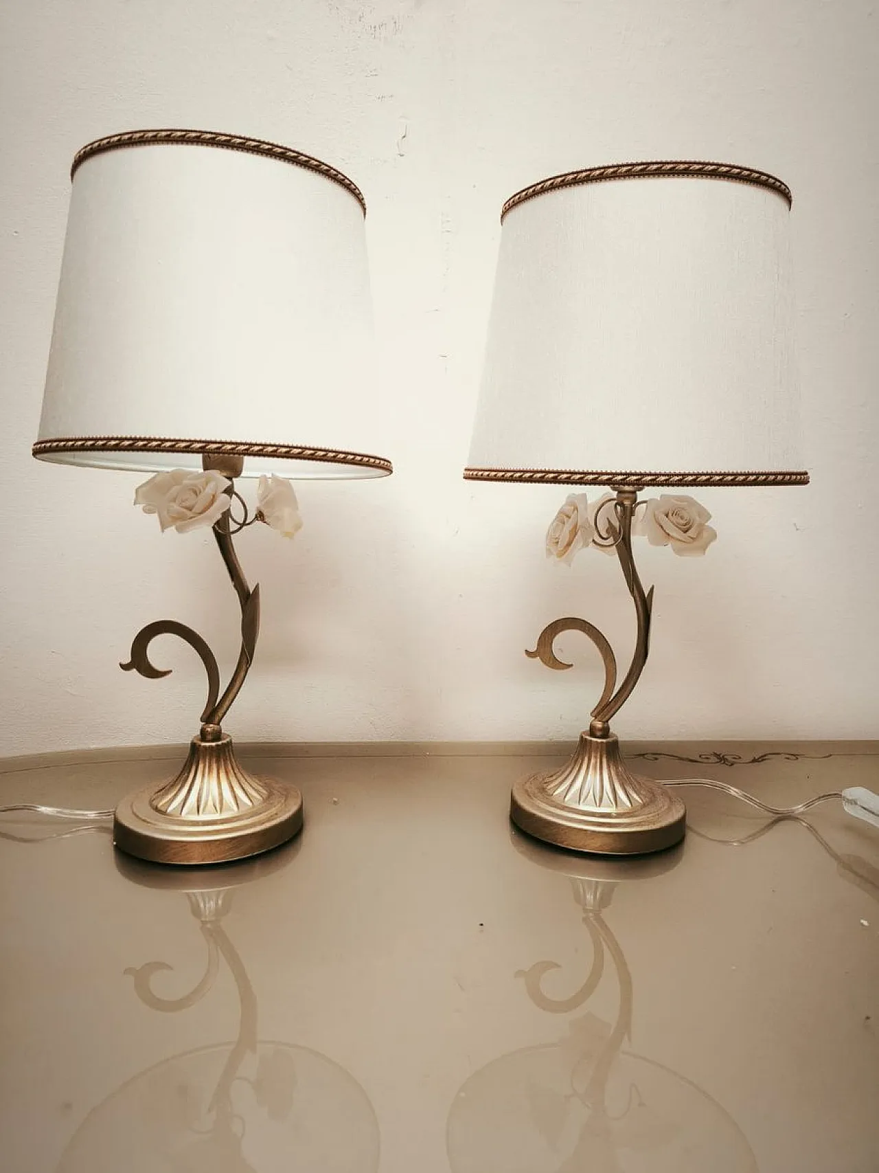 Pair of lamps with ceramic roses and fabric lampshades, 1980s 11