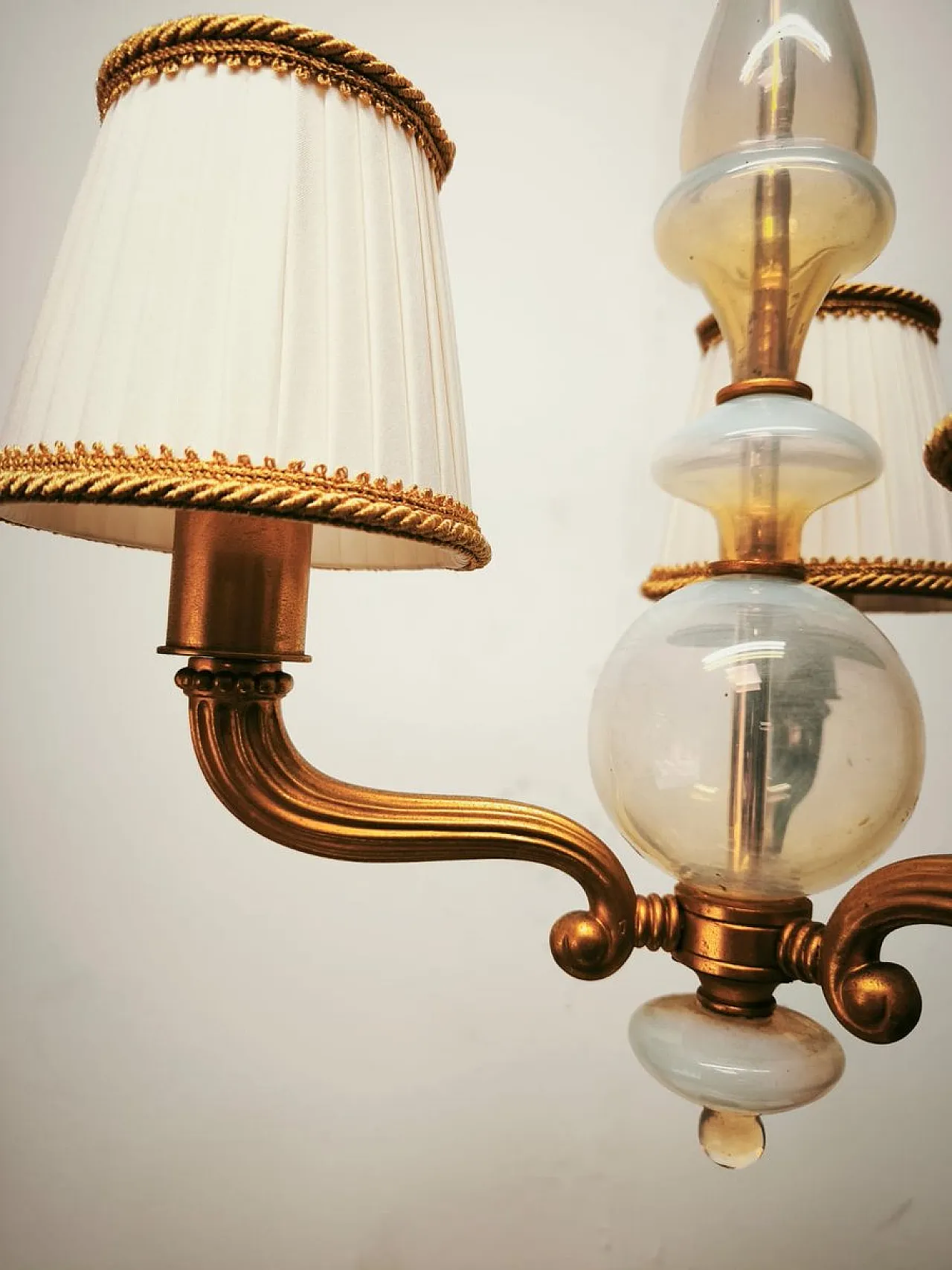 Brass and Murano glass chandelier with silk lampshades, 1950s 2