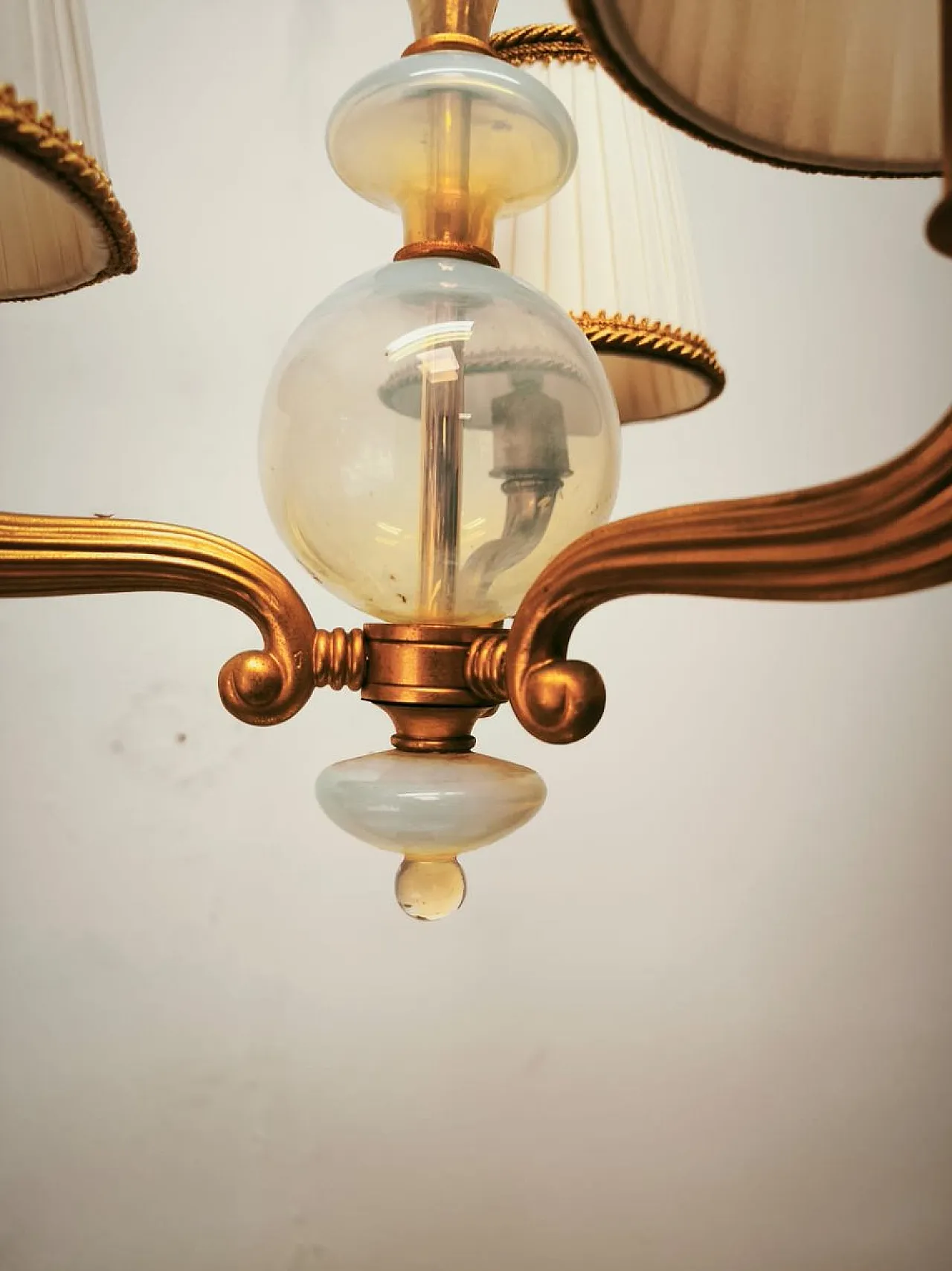 Brass and Murano glass chandelier with silk lampshades, 1950s 3