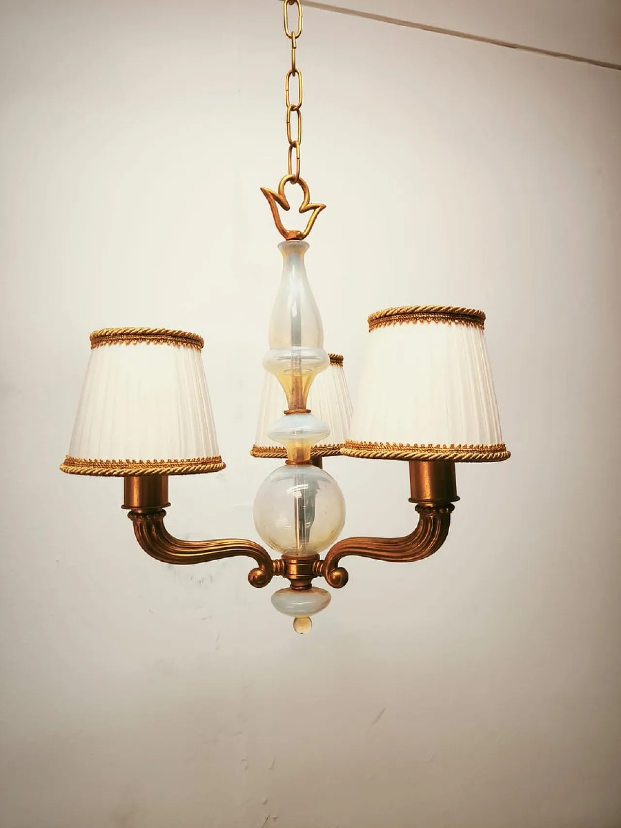 Brass and Murano glass chandelier with silk lampshades, 1950s 4