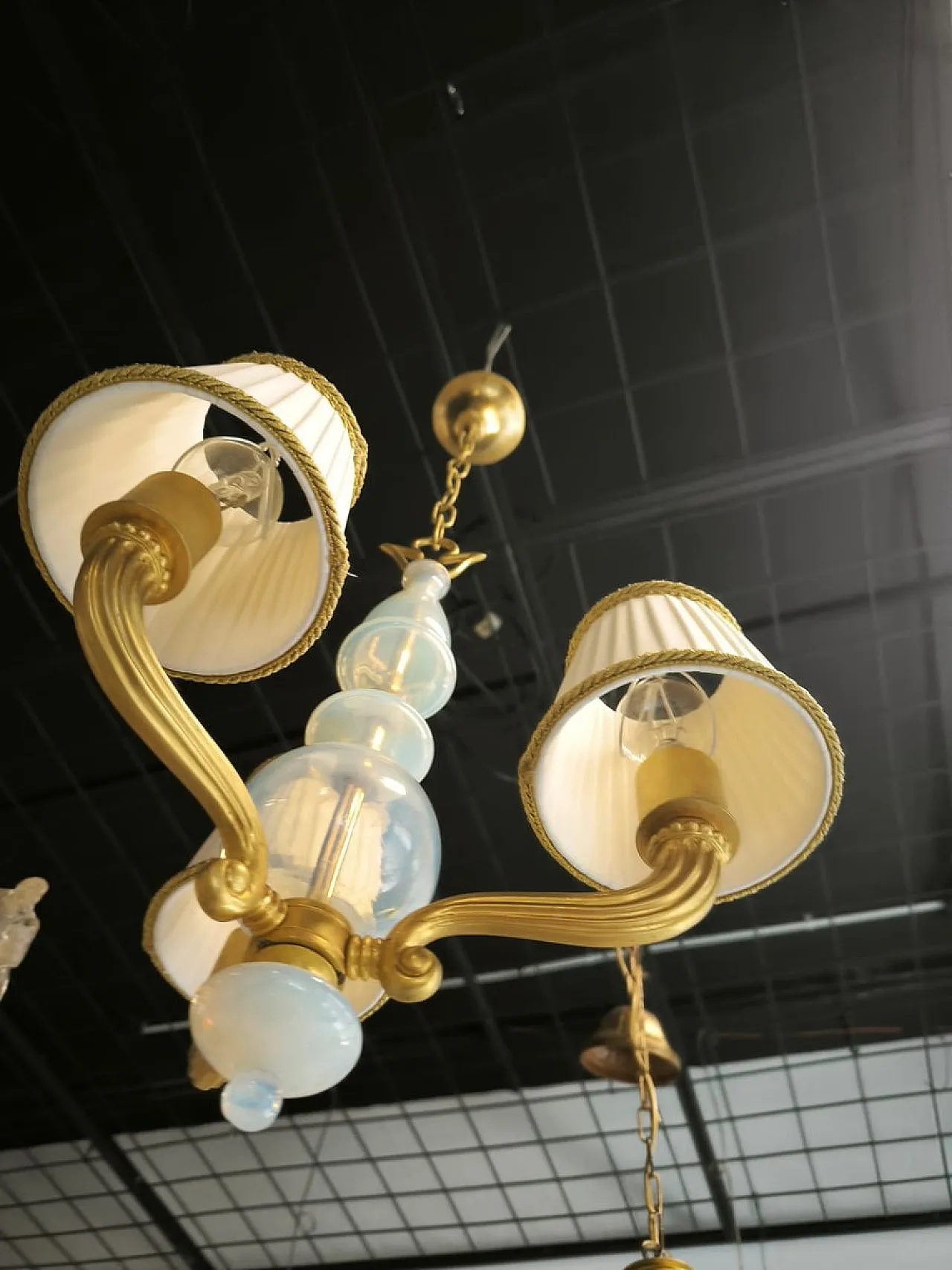 Brass and Murano glass chandelier with silk lampshades, 1950s 5