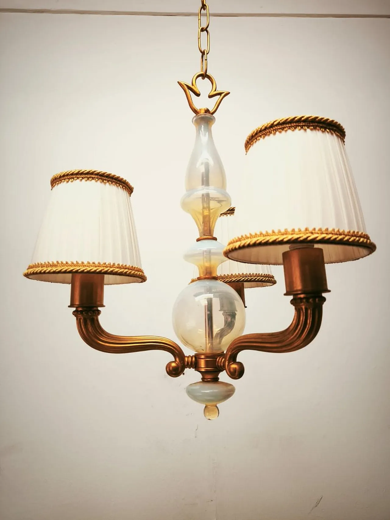 Brass and Murano glass chandelier with silk lampshades, 1950s 6