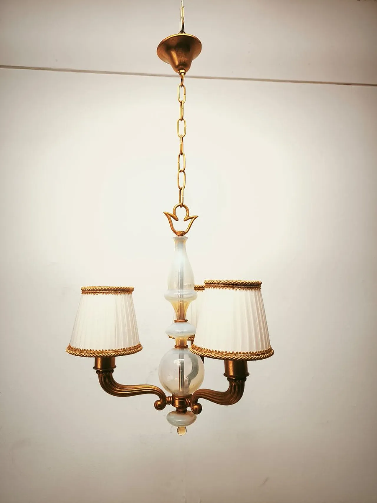 Brass and Murano glass chandelier with silk lampshades, 1950s 7