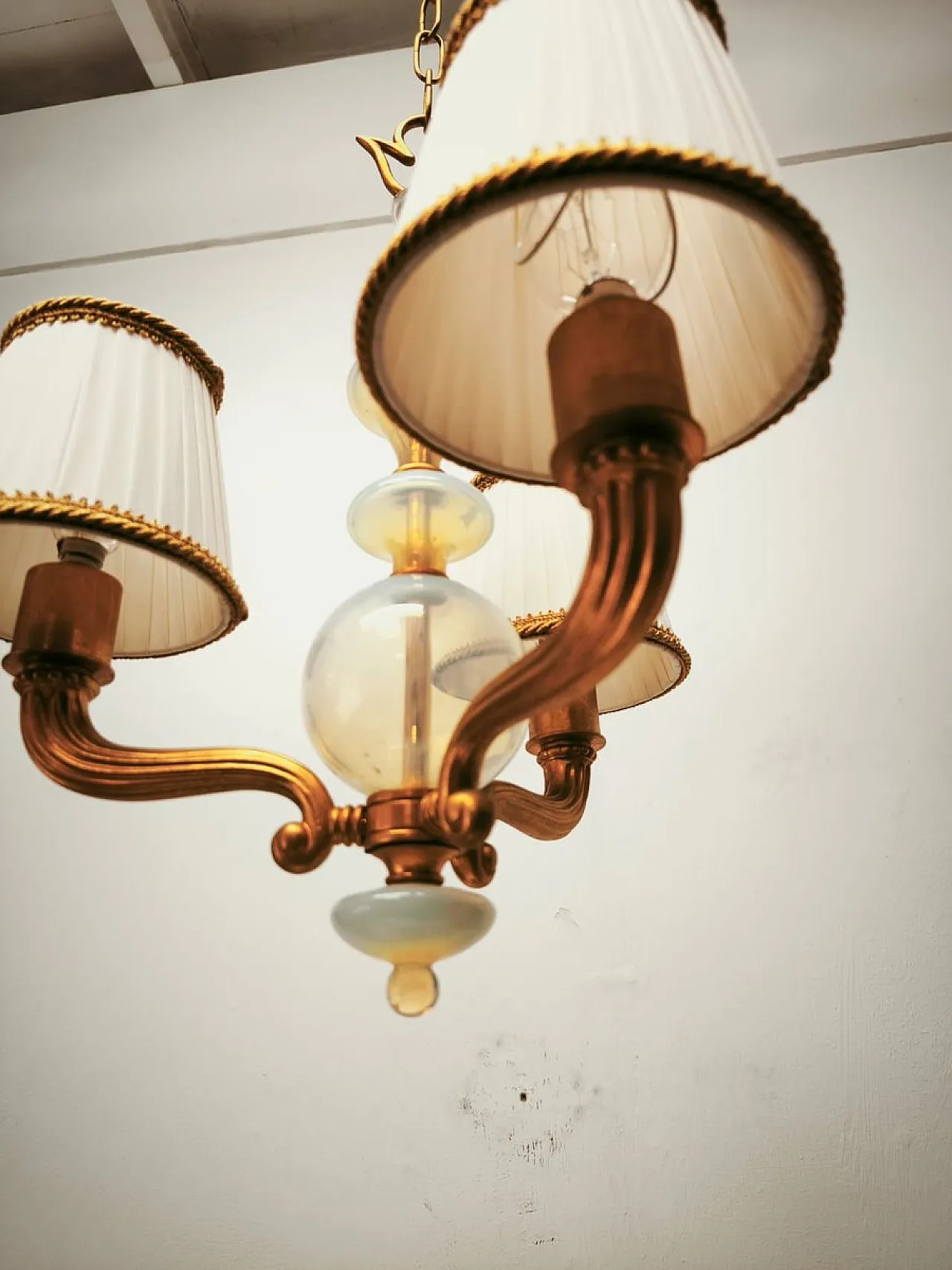 Brass and Murano glass chandelier with silk lampshades, 1950s 8
