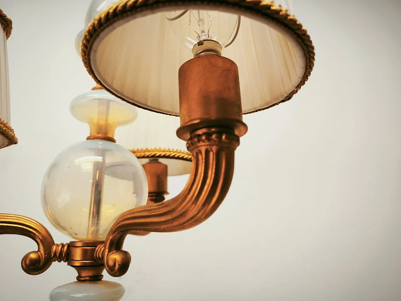 Brass and Murano glass chandelier with silk lampshades, 1950s 12