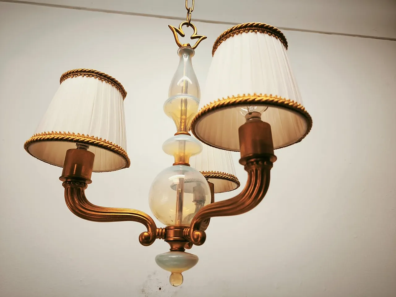 Brass and Murano glass chandelier with silk lampshades, 1950s 13