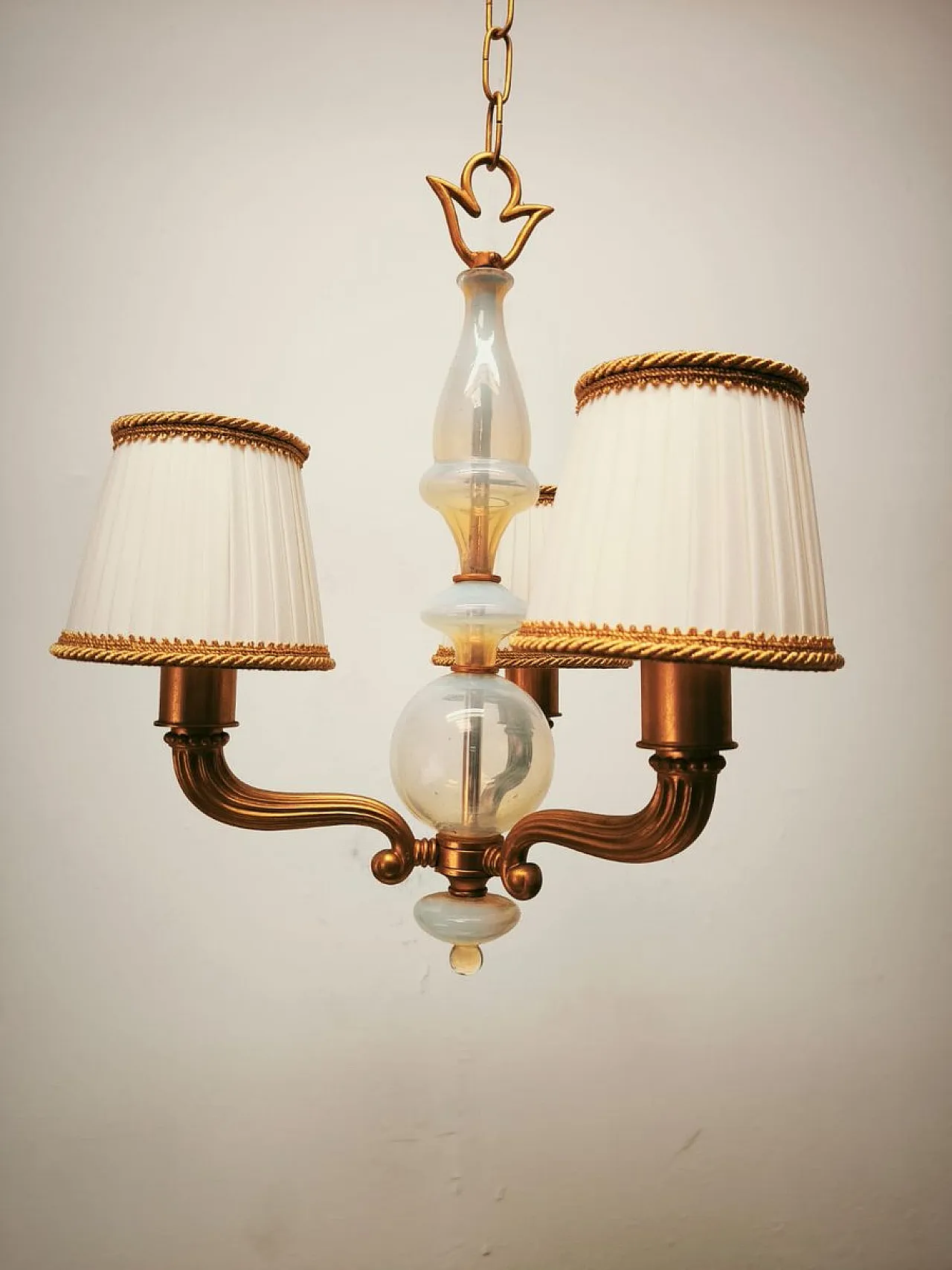 Brass and Murano glass chandelier with silk lampshades, 1950s 14