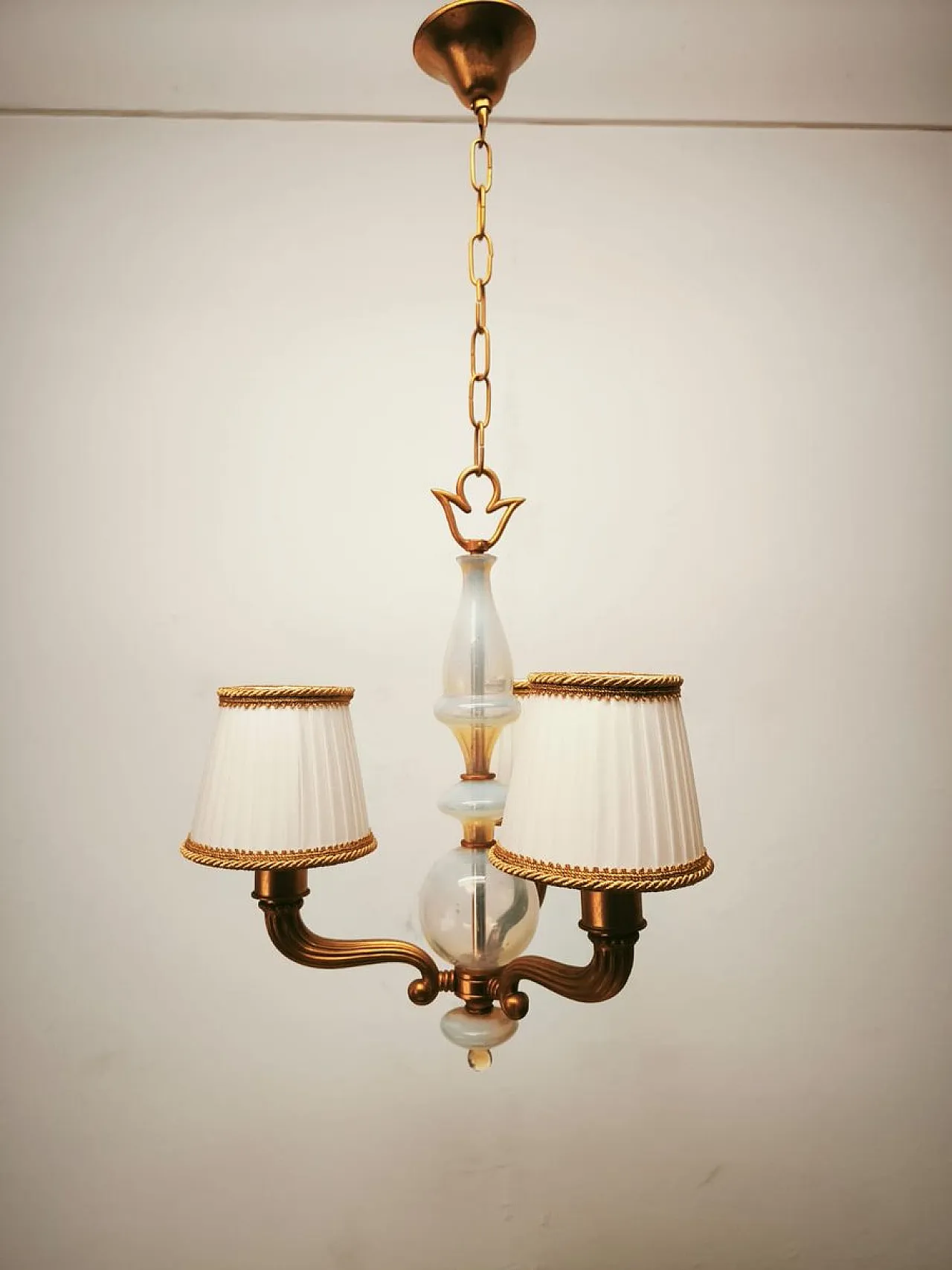 Brass and Murano glass chandelier with silk lampshades, 1950s 15