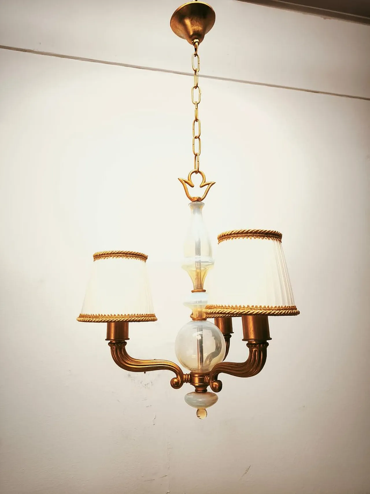 Brass and Murano glass chandelier with silk lampshades, 1950s 17