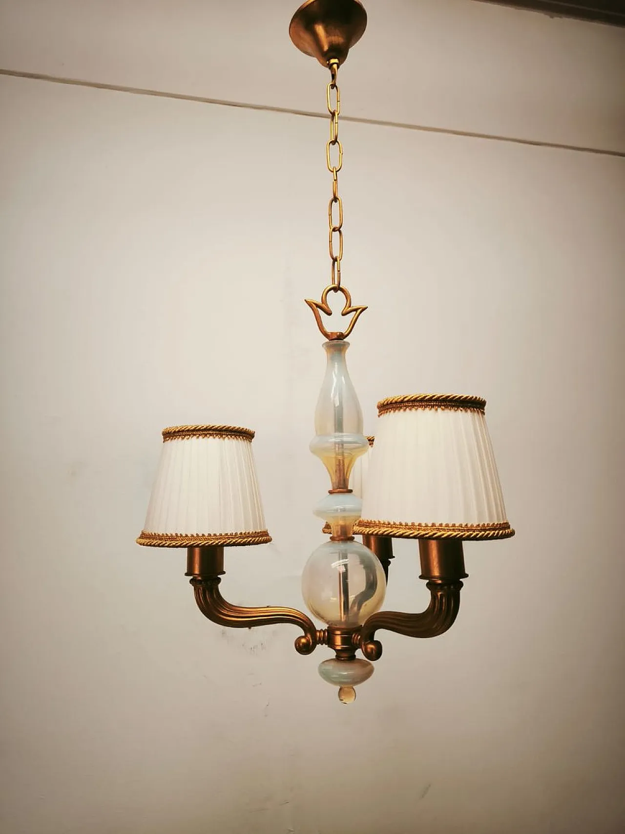 Brass and Murano glass chandelier with silk lampshades, 1950s 18